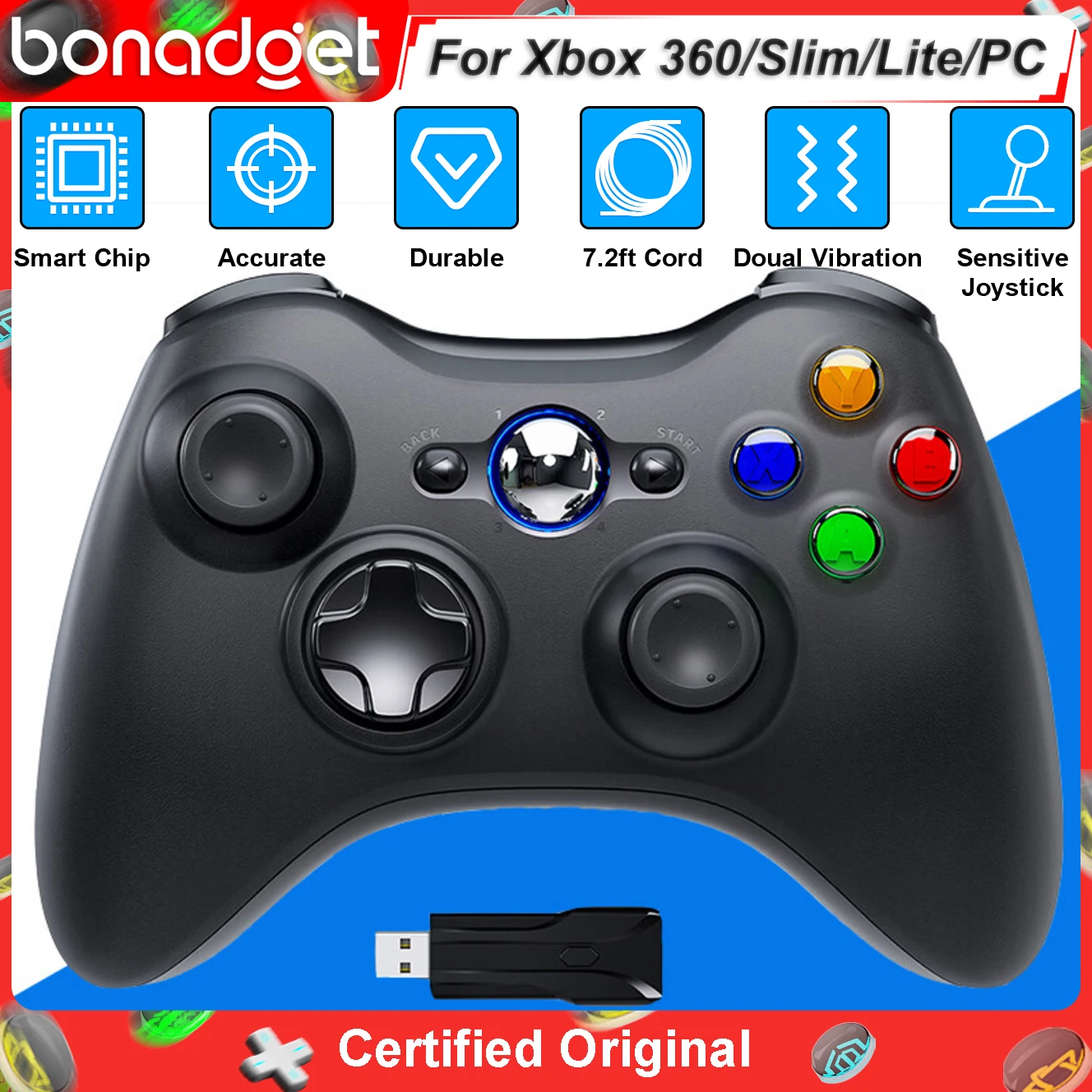 Gamepads für Xbox 360, Xbox 360 Slim/PC, 2,4-GHz-Funkcontroller mit Dual-Vibrationsfunktion, Spielgriff, 360. ° Joystick-Wippe