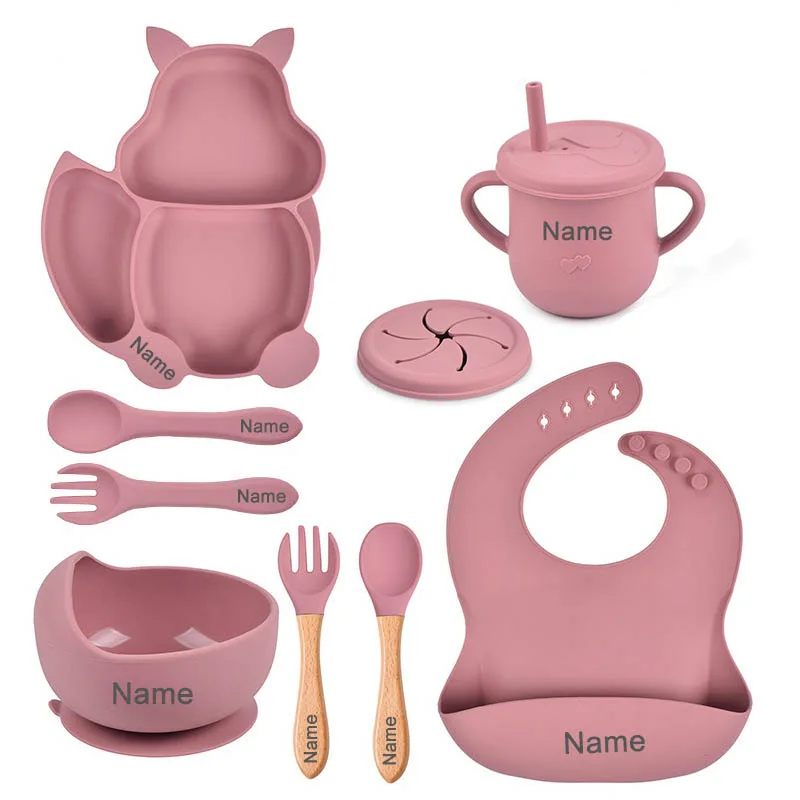 Personalized Name Silicone Tableware Set For Kids 8Pcs Baby Solid Feeding Set Squirrel Plate Dishes Sucker Bowl Bib Newborn Gift