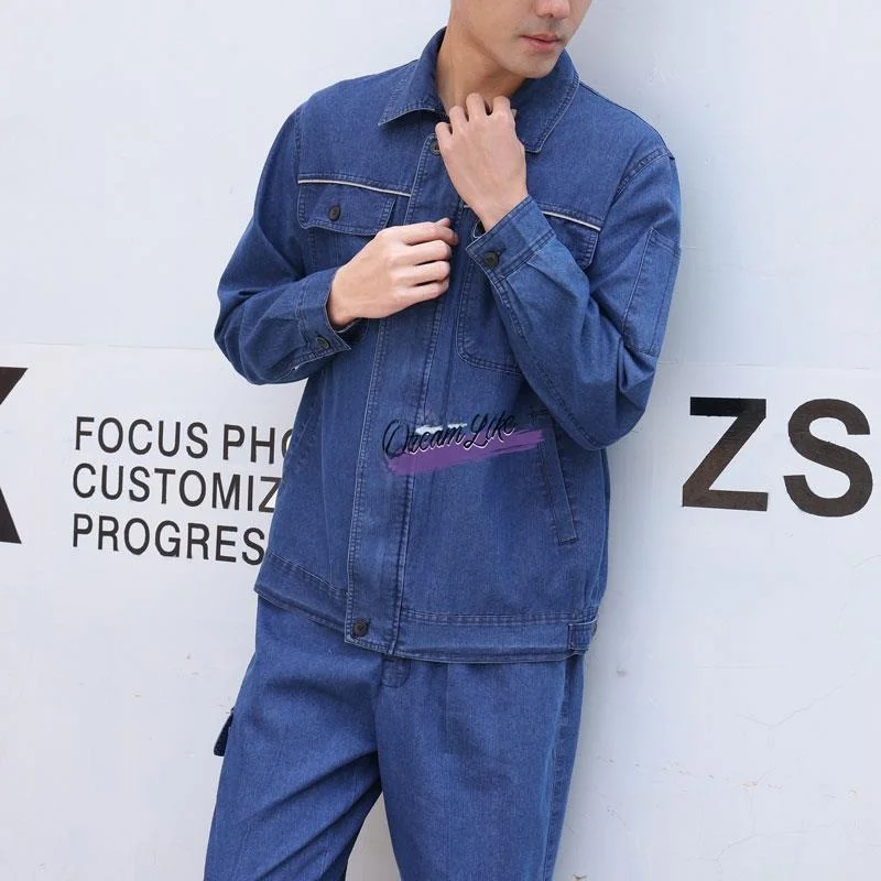 طقم ملابس عمل صيفي خفيف الوزن من القطن للرجال، بدلة واقية للحام مضادة للهب لمواقع البناء