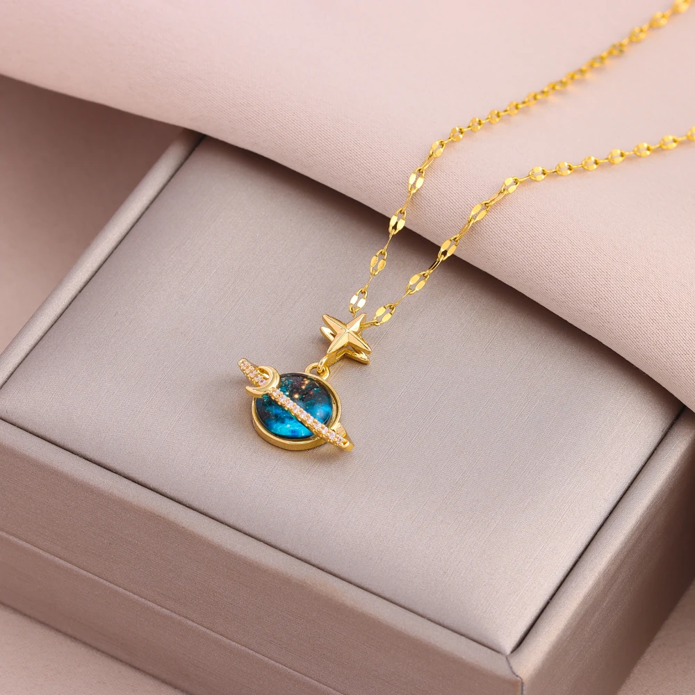 New 18K Gold Plated Fashion Cartoon Dream Planet Pendant Necklaces For Women Female Stainless Steel Neck Chain Jewelry Wholesale
