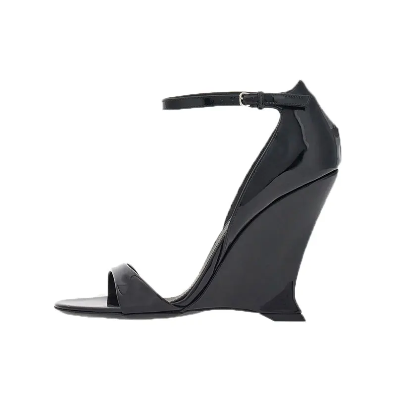 

Women's round toe leather sandals, featuring an ultra-high wedge heel and buckle integrated design, innovative