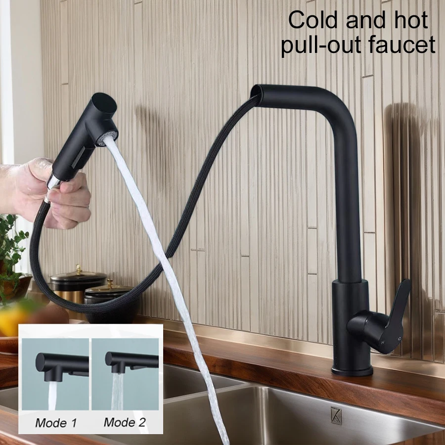Modern Minimalist Style Black Pull-Out Kitchen Faucet with Dual Water Outlet Design, Hot and Cold Single-Hole Easy Installation, Suitable for Kitchen or Balcony Sinks, Comes with Water Inlet Pipe
