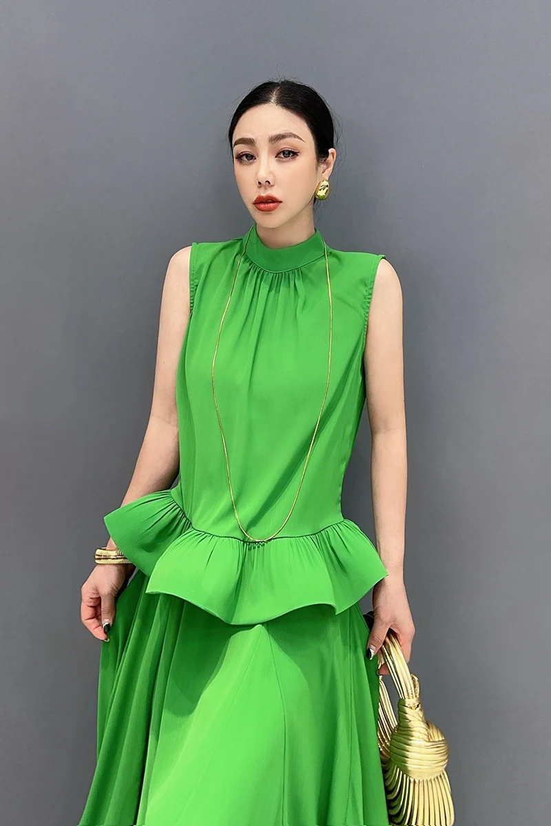 Vefadisa Newest 2024 Summer Green Women Sets Sleeveless Ruffle Edge Top Large hem Long Skirt Two pieces Dress Sets HLX064