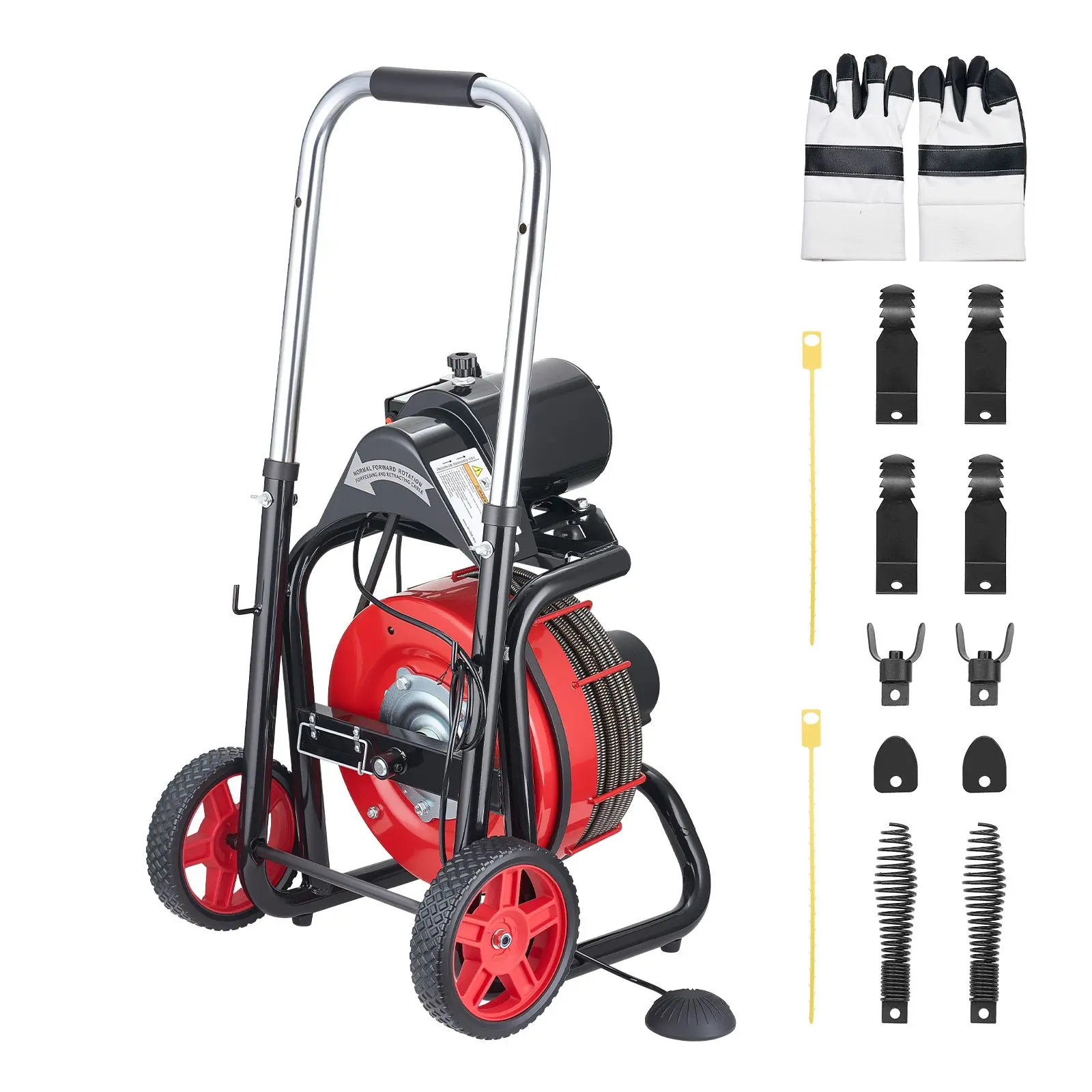 Drain Cleaner Machine 100 FT X 1/2 Inch, Auto Feed Sewer Snake Auger on Wheels - with 8 Cutters & Air-Activated Foot Switch for