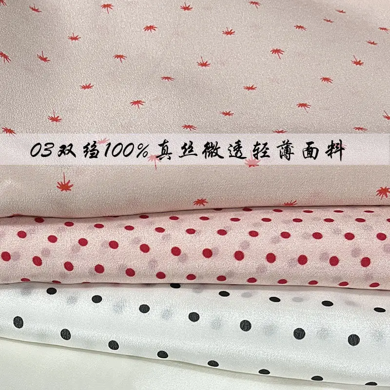 Designer Cloth Crepe De Chine Silk Thin Type Clothing Fabric Polka Dot Maple Leaf Non-Elastic Micro Transparent Dress Shirt