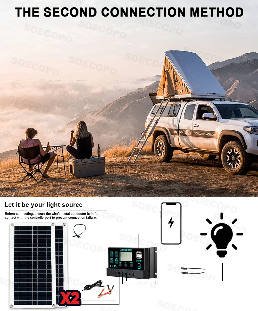 SOECOPO 10000W External Solar Panel Camping 100A Controller Solar Kit Home DC 12V - AC 110V/220VInverter 2*200W Solar Panels