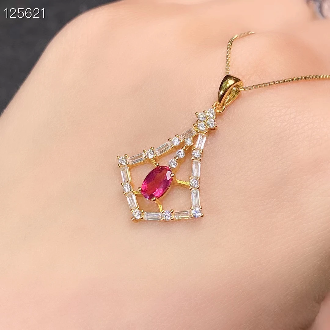 Beautiful Pink Tourmaline Pendant with 925 Silver Necklace 4mm*6mm 0.5ct Natural Tourmaline Jewelry with 3 Layers Gold Plated