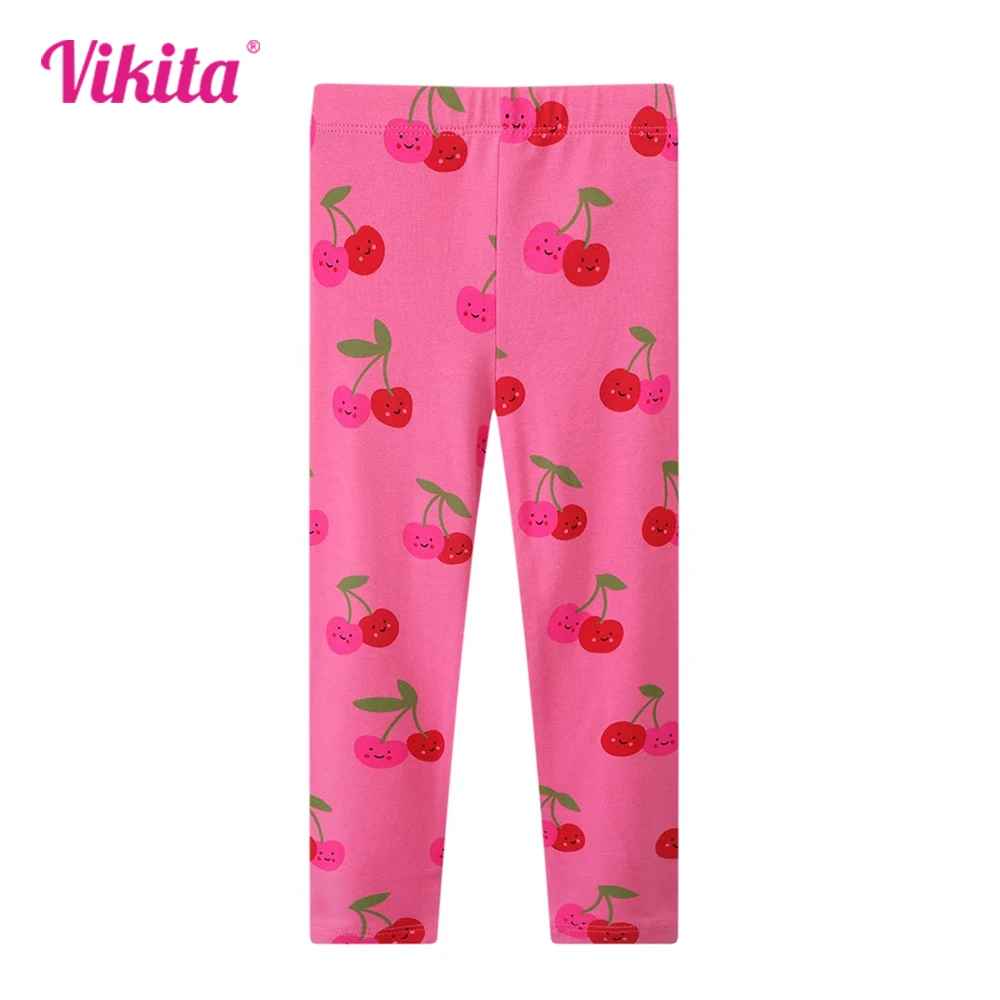 

VIKITA Children Cotton Casual Trousers Girls Pink Cherry Print Leggings Girls Soft Stretchy Skinny Pencil Pants Kids Costumes