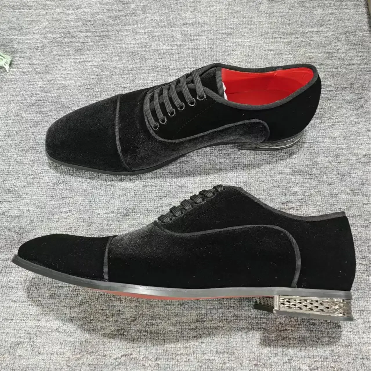 Red Lining Black Flannel Velvet Men's Business Shoes Square Toe Lace-Up Male Pumps Office Gentleman Party Wedding Dress Shoes DE