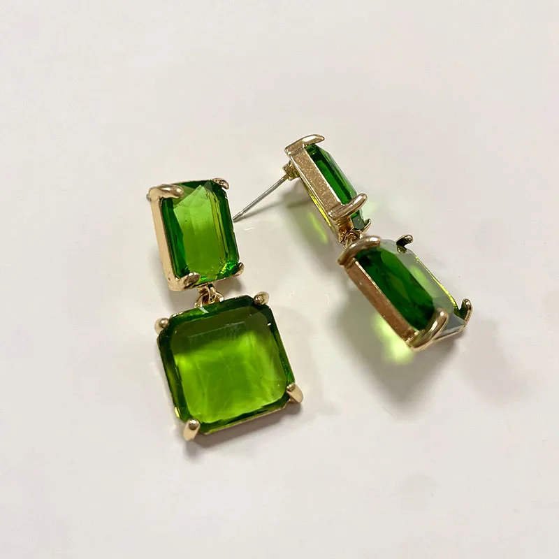 Vintage Luxury Green Crystal Ear Clip Bincos Fashion Transparent Square Glass Green Stone Clip on Earrings for Women No Piercing