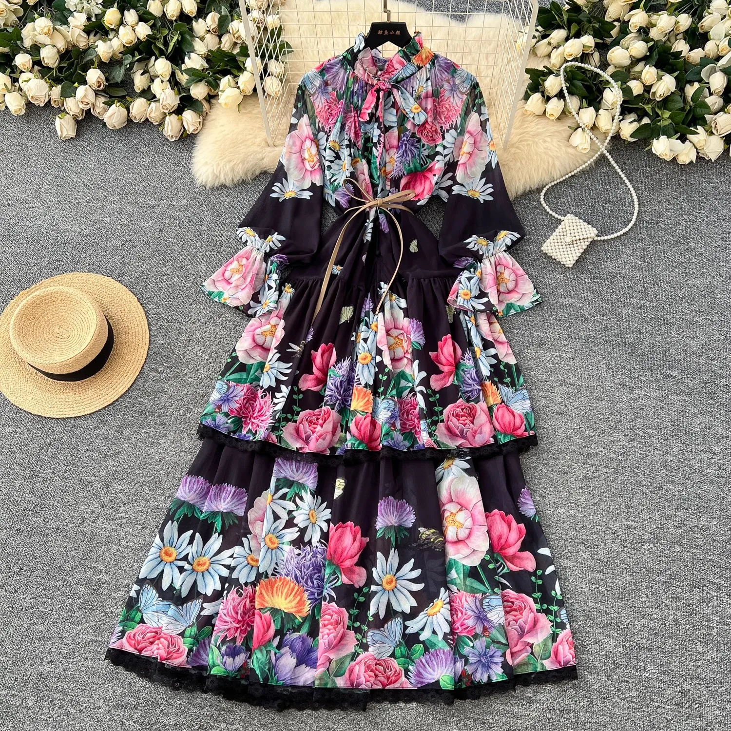 

Retro Floral Print Bandage Elegant Chiffon Dress A-Line Long Flare Sleeve Casual Lace Up High Waist Maxi Dress Women Summer