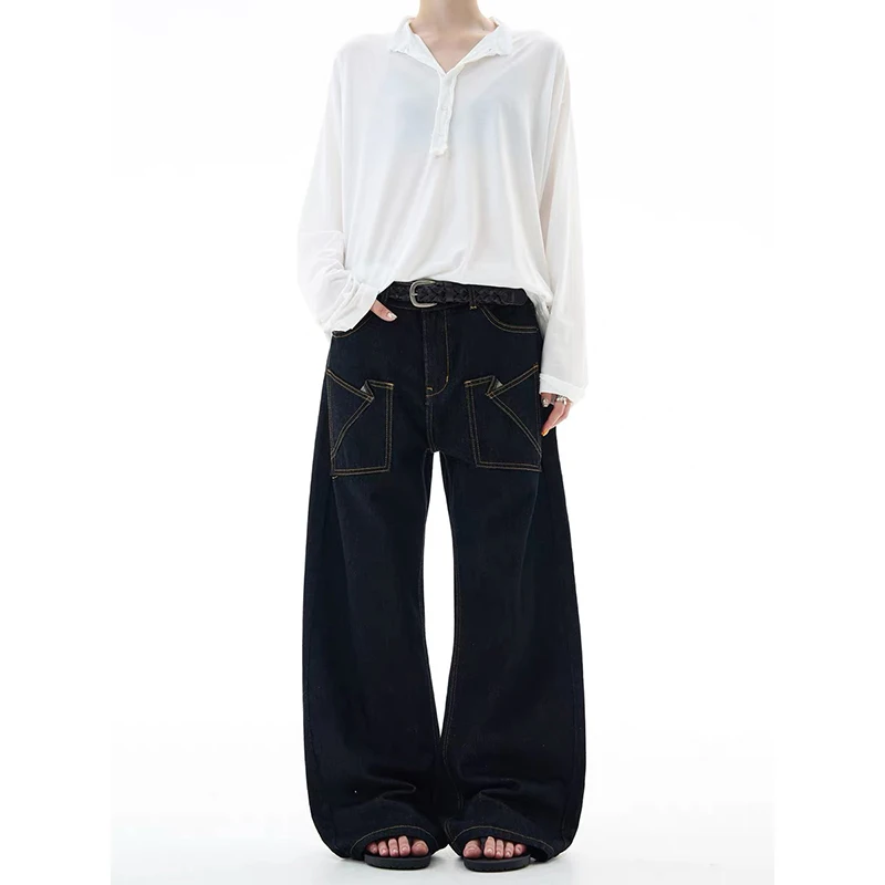 YIBASHU النساء السود فضفاض Y2K الأمريكية شارع العليا الجمالية تصميم الأزياء 2000s ريترو الجينز السراويل الطويلة الملابس 2025 جديد #5