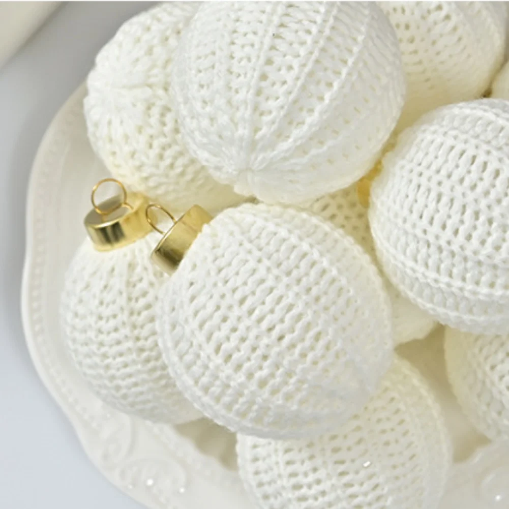12Pcs White Knit Christmas Ornament Balls Nordic Crochet Baubles With For Gold Cap For Xmas Tree Holiday Home Decor