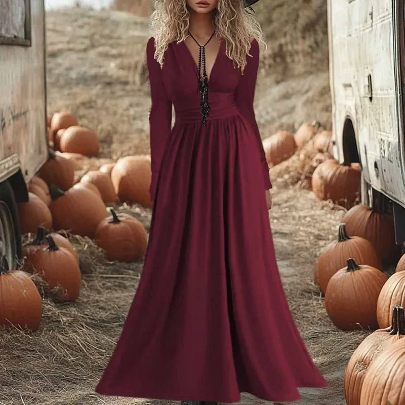 Casual High Waist Long Sleeve Mujer Dress Autumn Pleated Solid A-Line Boho Long Dress Sexy Hollow V Neck Holiday Evening Dresses