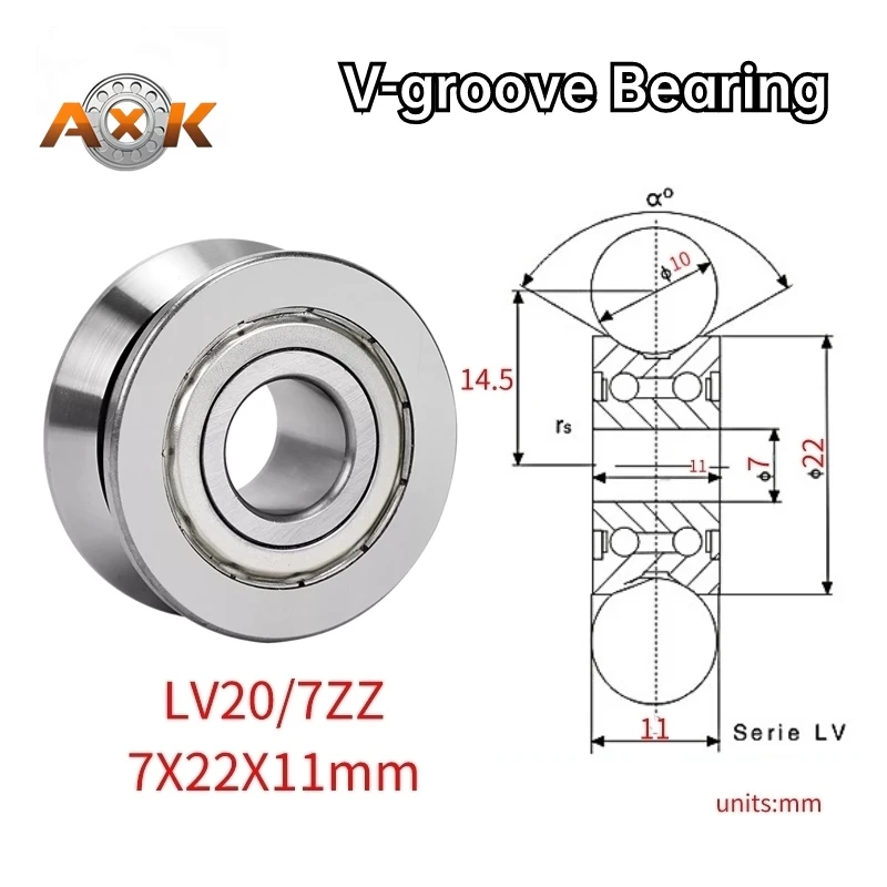 V-groove Rail Roller Series Bearing LV20/7 ZZ 2RS Inner Diameter 7mm Outer Diameter 22mm Height 11mm