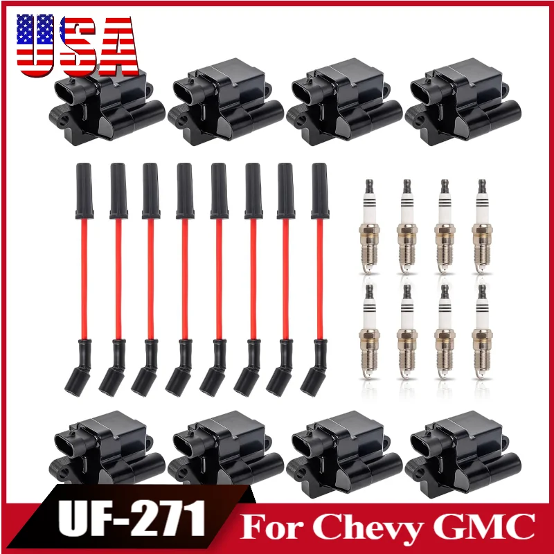 

8sets UF-271 Square Ignition Coil Spark Plug Wire For Chevy GMC Hummer Avalanche Savana 1500 2500 3500 Sierra 4.8L 5.3L 6.0L