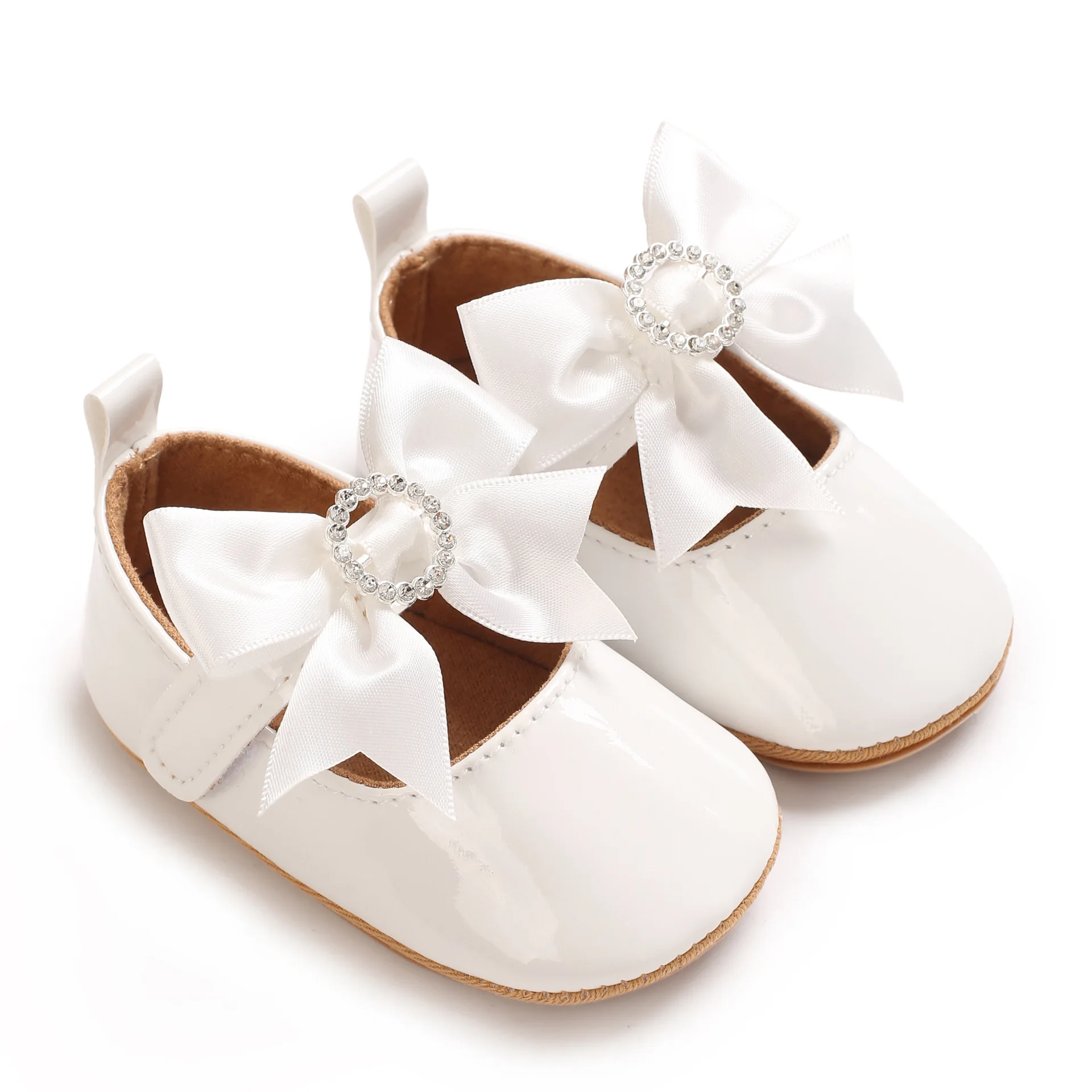 2026 0-1Y Baby Shoes Exquisite Rhinestone Bow for Girls Shiny Upper Velcro Closure Non-Slip Soft Sole Baby Walking Shoes
