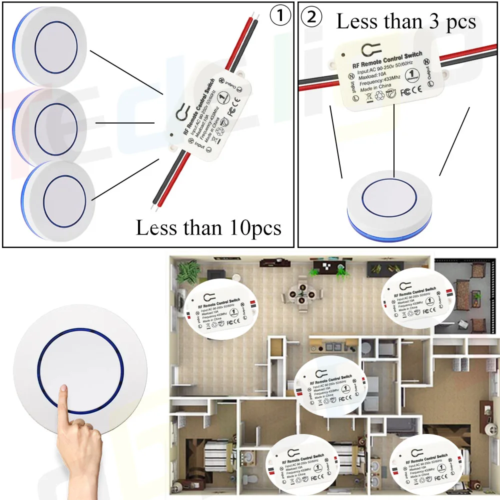 110V 220V 240V Wireless Light Switch Mini Round Panel Wall Switch,RF 433MHz Remote Control Switch for Home LED Light Lamp ON OFF