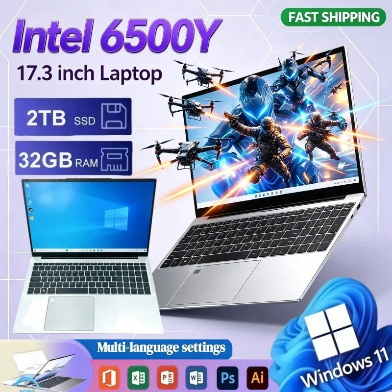 Intel 6500Y Large Screen Laptop 17.3 Inch 16/32GB RAM Clear Display Windows11 1/2TB BIG SSD Portable Laptop Office Study