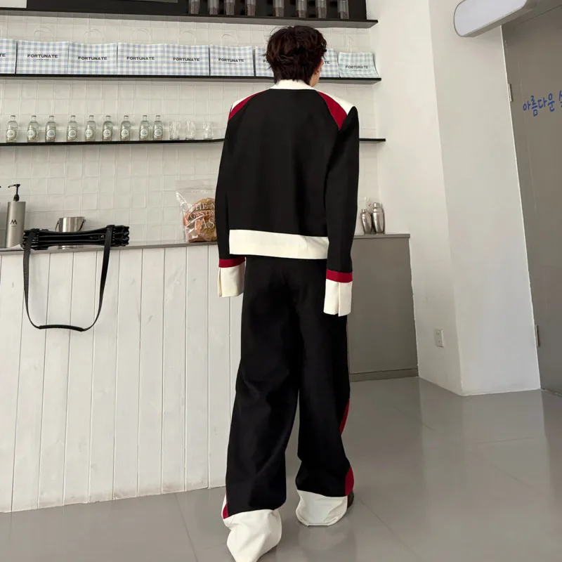 WVGA 2026 Spring Autumn New Men Multi-Color Patchwork Contrast Large Collar Blazer Niche Straight Pants Two-piece Set Ins W27078