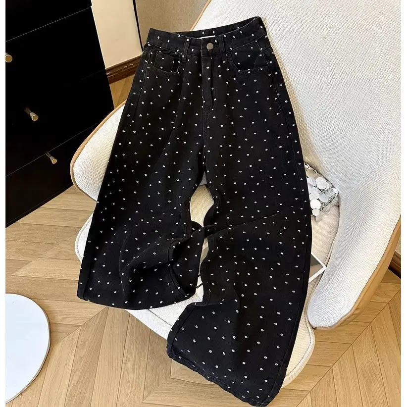Black Polka Dot Women's Jeans 2026 Autumn New Niche Vintage Loose Straight Wide Leg Pants Zipper High Waist Durable Trousers
