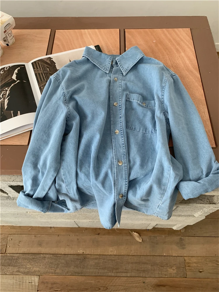 Women Blouse Female Shirt Summer Womens Blouses Spring Maxi Blusas Casual Cowboy Vintage Long Sleeve Denim Oversize Loose Blue