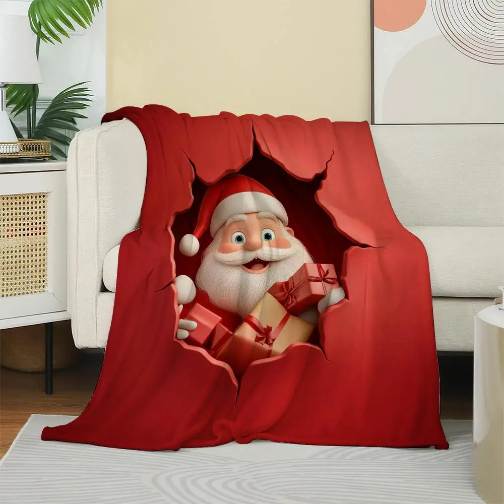 3D Santa Claus Christmas Blanket Festive Red Broken Wall Design Soft Flannel Throw Blanket  Xmas Gift For Kids & Adults Travel
