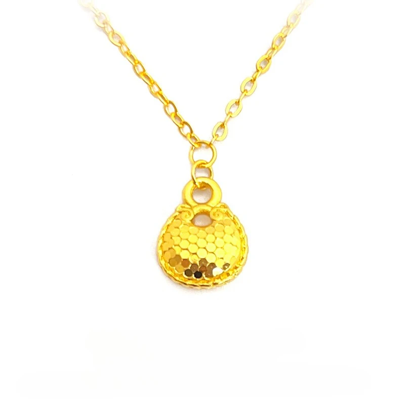 

Pure 18 K Gold Color Shiny Small Lucky Bag Pendant Necklace for Women Wedding Birthday O Link Chain Jewelry Gifts