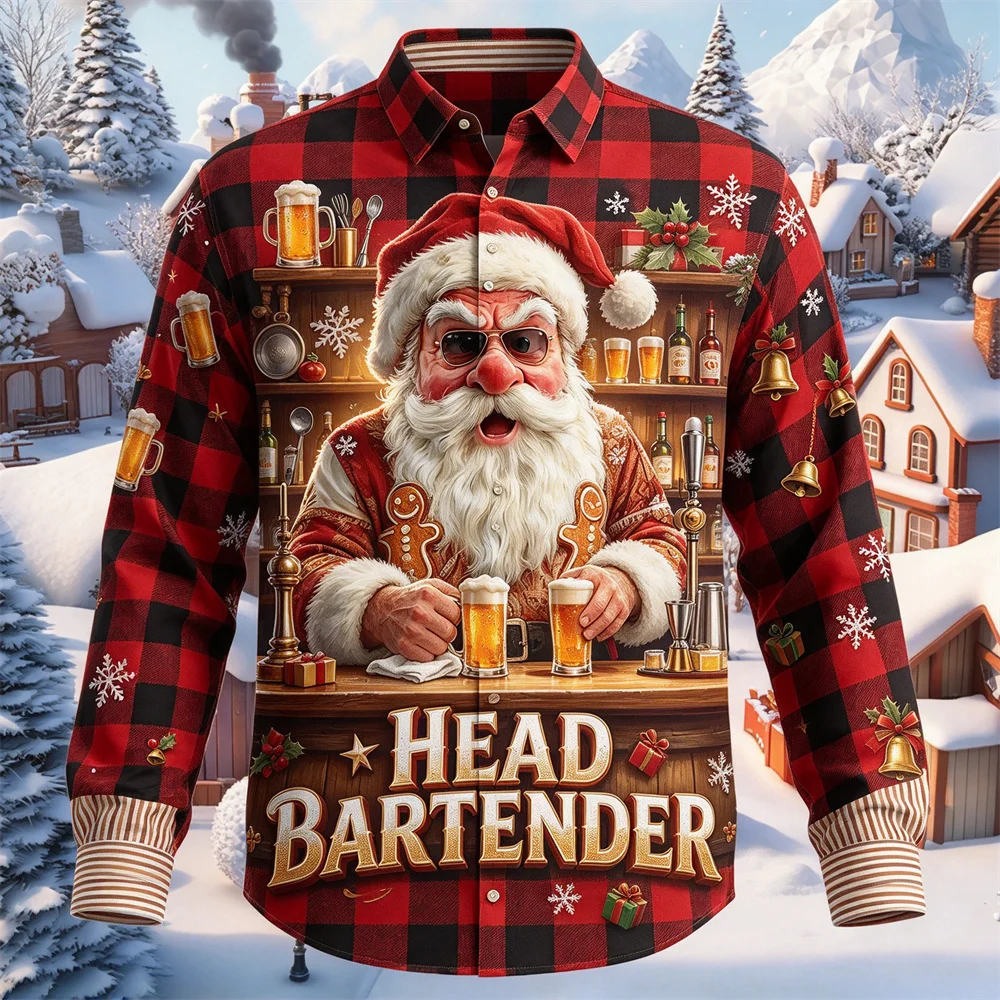 Ugly Christmas Men Long Sleeve Button Down Shirt Funny Santa Beer Plaid Print Shirt Tops Holiday Party Costume Xmas Gift For Men