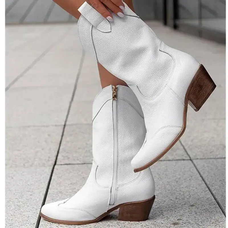 Apricot Suede Ankle Boots With Side Zip Chunky Heels Western Cowboy Boots