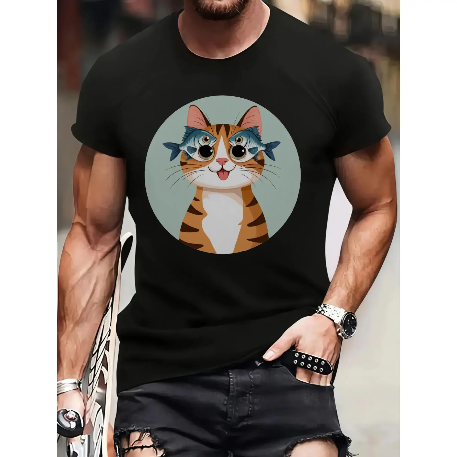 

Funny Cat T-shirt Fish Eyes Print Humorous Pet Lover Graphic Tee Cartoon Kitten Summer Streetwear Top