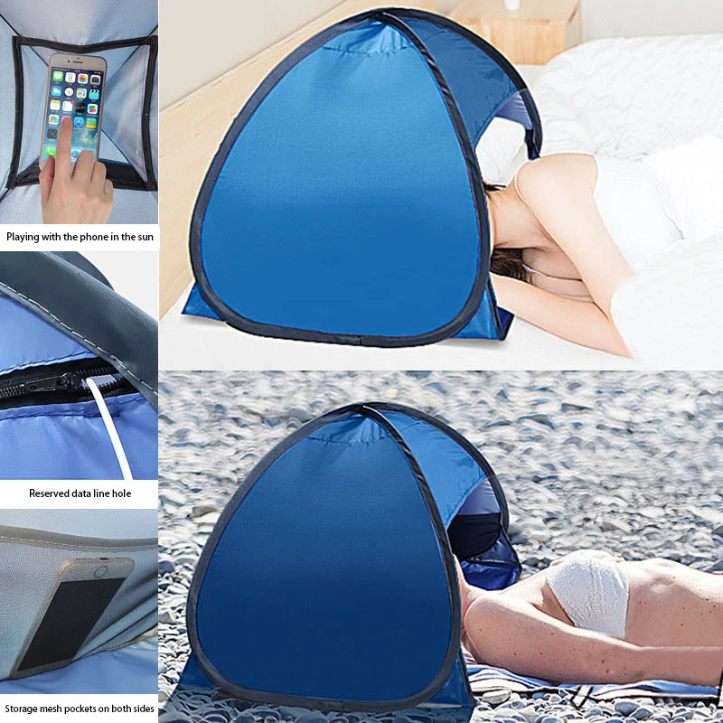 Sombrilla con reposacabezas de playa para adultos y niños, refugio solar con protección UV, apertura automática, portátil, para acampar al aire libre