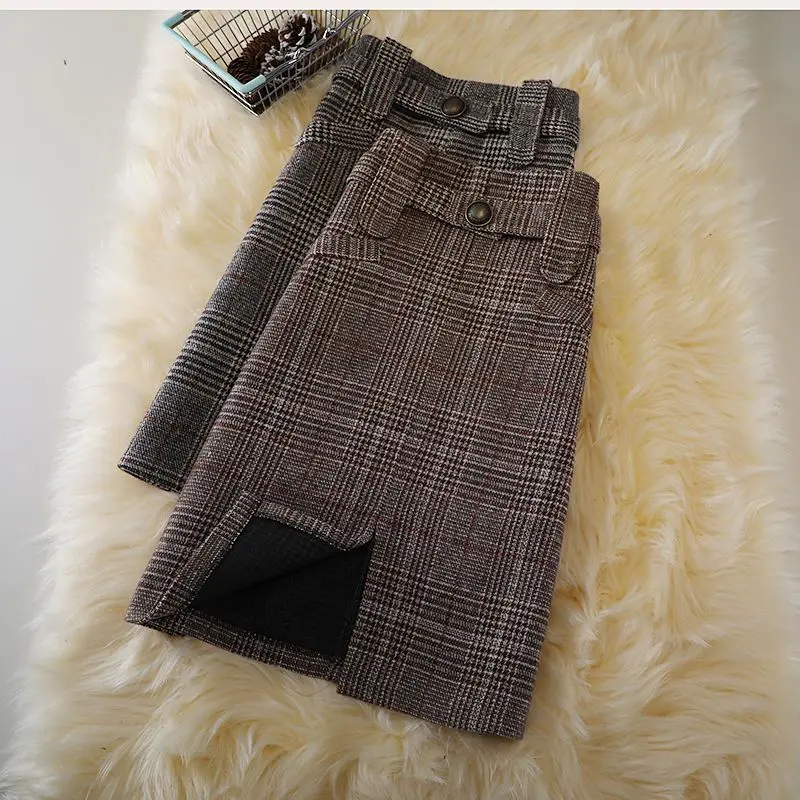 Women's Plaid Wool Midi Skirt Back Slit Bodycon Pencil Skirt Winter Trendy Office Falda Holiday Skirt Ruffled Hem A-line Corset