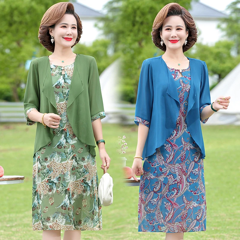 

2024 Chiffon 2PCS Set Dress Summer Dress Women Middle Age Casual Beach Elegant Mother Print Loose Summer Knee Length Dress