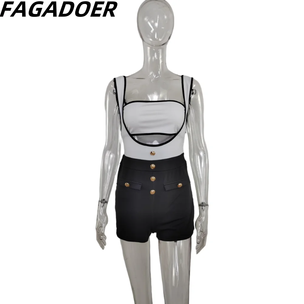 FAGADOER Summer New Color Splicing Strap Shorts Two Piece Sets Women Off Shoulder Sleeveless Backless Tube And Shorts Streetwear