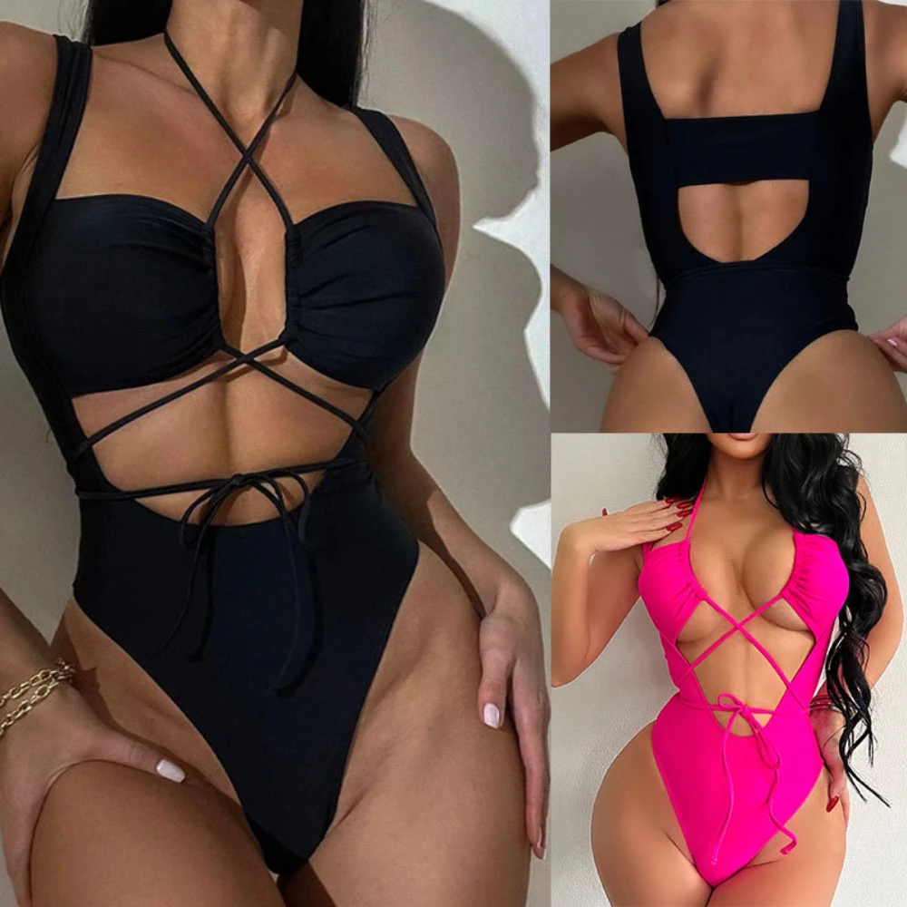 Bikini2023 new European and American hot selling sexy one-piece swimsuit women\'s lace-up openwork back-lace-up bikini