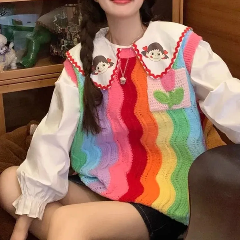 

Rainbow Stripes Woman Sweater Vest O Neck Loose Knitwear Sleeveless Jacket Female Korean Women Waistcoat casual tops Autumn