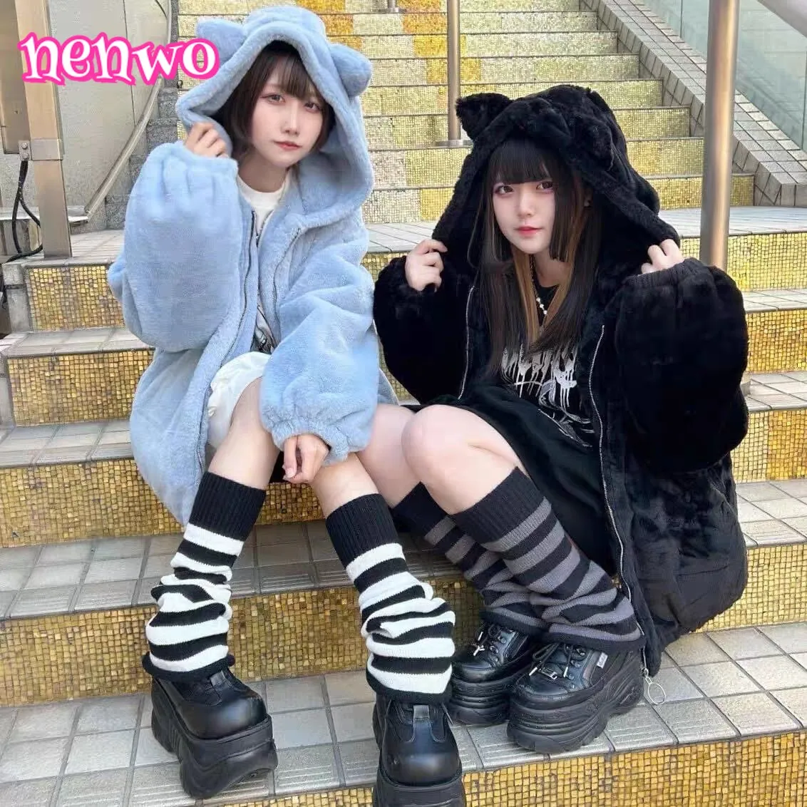 

Зимние милые кошачьи уши, плюшевые толстовки, куртка для сестры, милая одежда в стиле Лолиты, японская субкультура, шуба из искусственного кроличьего меха