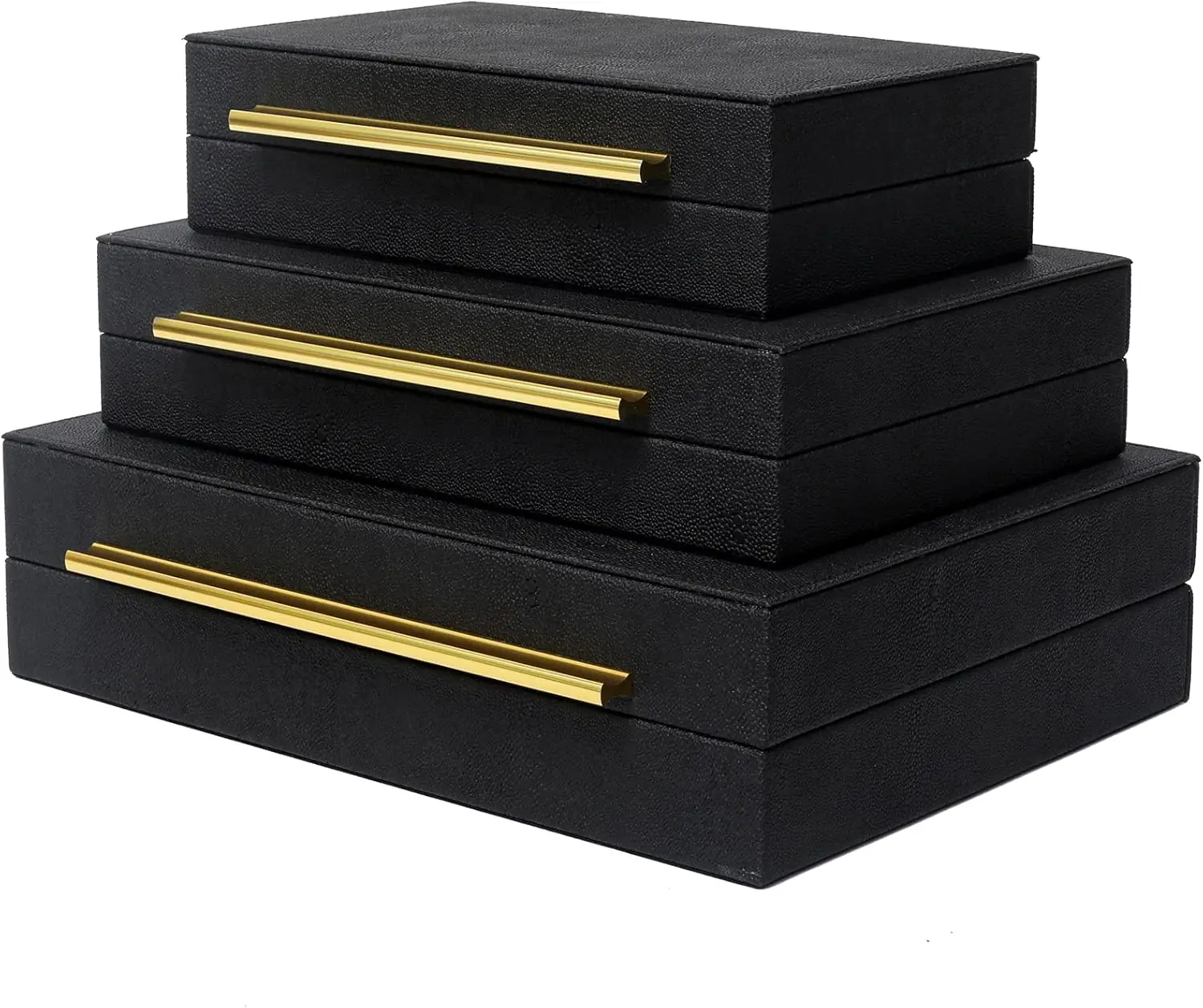 Stackable Jewelry Organizer Set of 3 with Gold Handles and Velvet Lining, Modern Black Decorative Storage Boxes for Home Decor