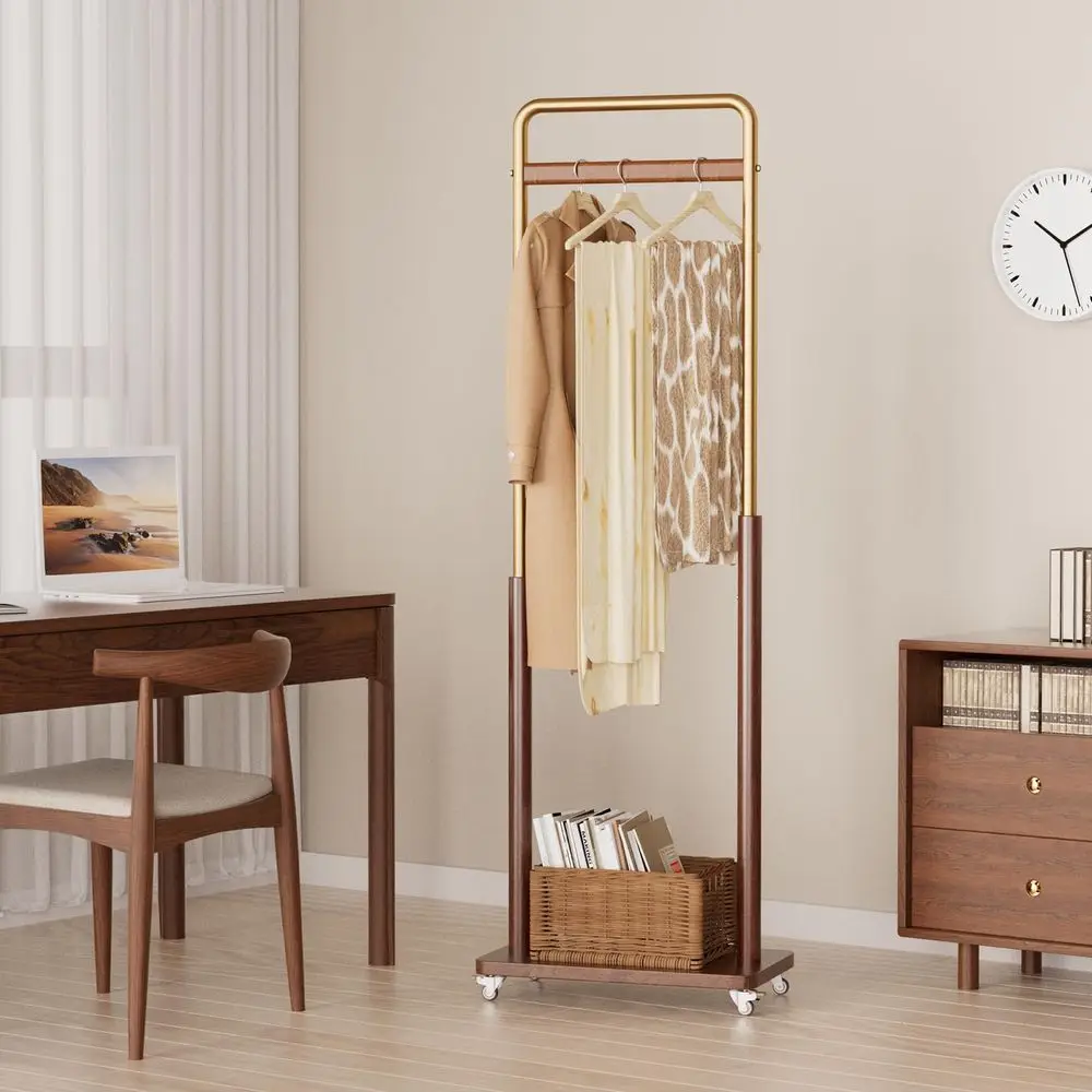 

Clothes Rack Solid Wood Coat Rack, Metal and Solid Wood Combination Clothing Rack with Wheels for Entryway, Bedroom, Living Roo
