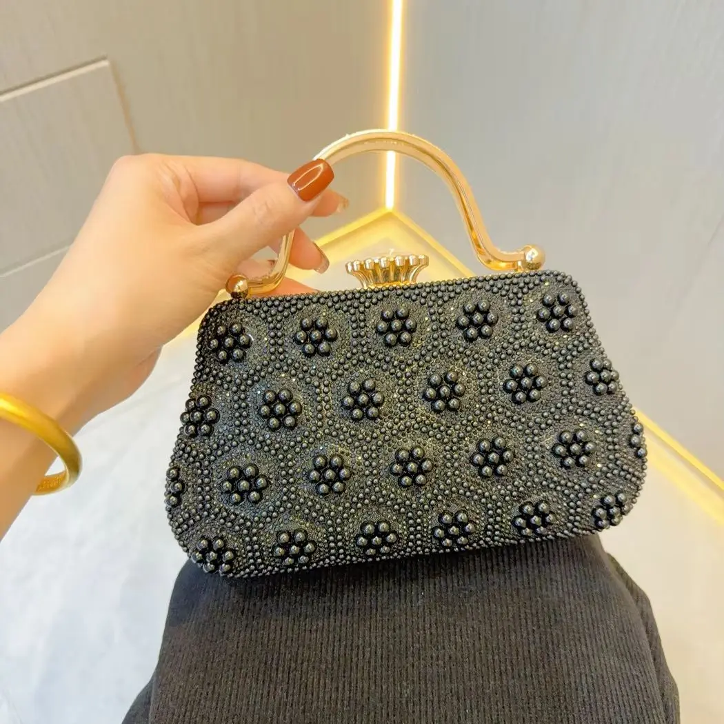 White Beading Tote Bag for Women Elegant Clutch Purse Black Pearl Handbag Wedding Party Prom Bag Vintage Crossbody Bag view 2