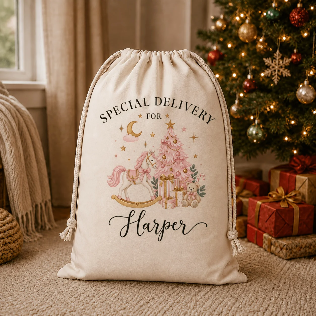 Personalized Custom Name Christmas Canvas Sack, Pink Rocking Horse & Bear Print, Xmas Tree Moon Star Design, Holiday Party Gift