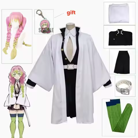 Kanroji Mitsuri Cosplay Costume Wig Anime Japanese Kimono Coat Top Skirts Stockings Halloween Party Outfits Women Girls Full Set