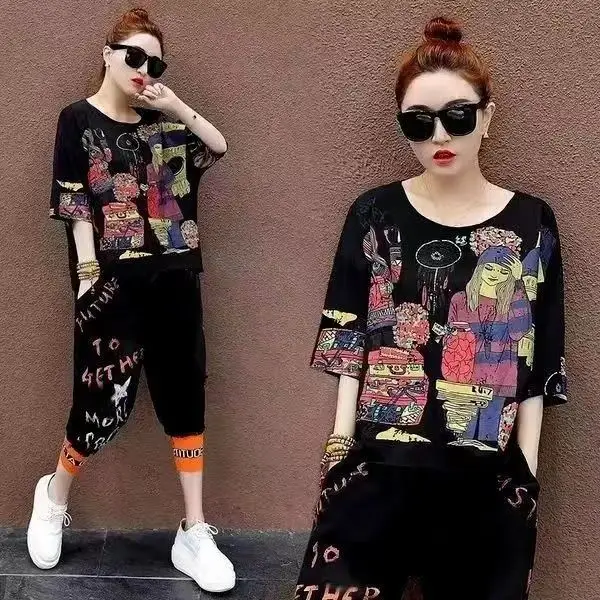 Fashion suit female summer short sleeve Haren pants new Korean version of foreign relaxed leisure sports two-piece set female