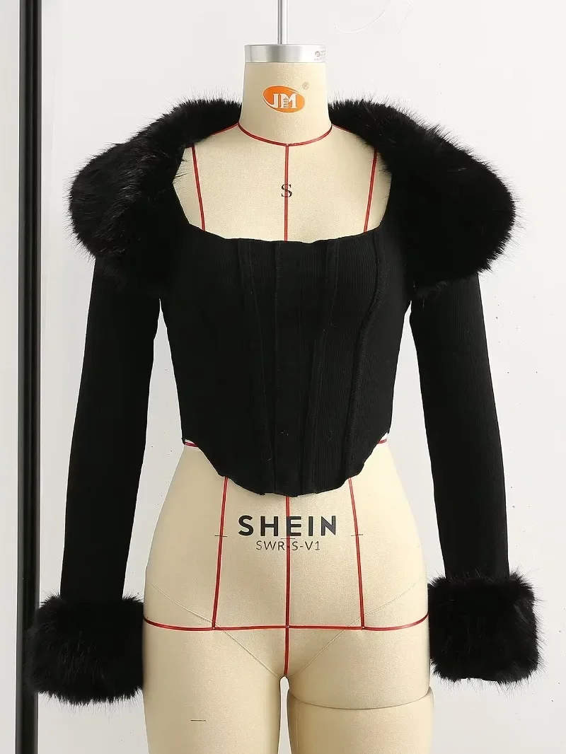 Furry Patchwork Long Sleeve Crop Jackets Tops + Corset Tanks Fashion Casual Ribbed Coats 2 pcs Streetwear