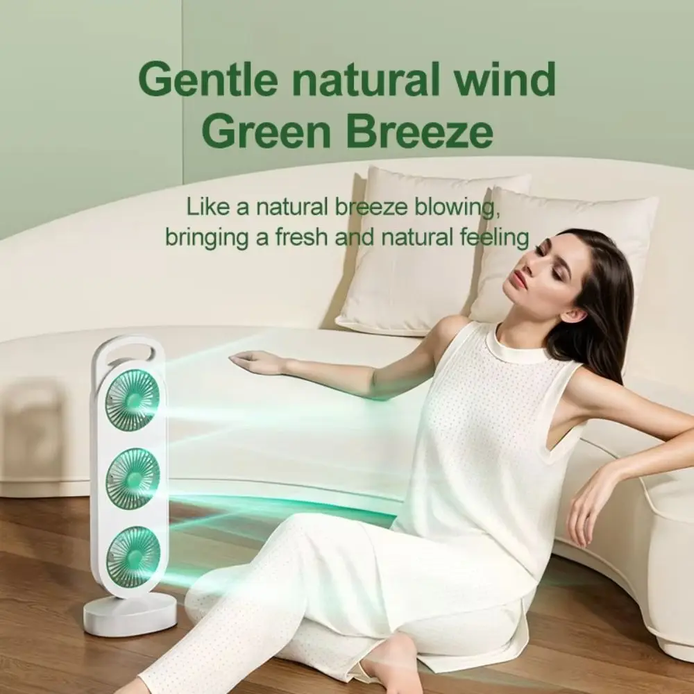 3-Head Desktop Fan USB Type-C Long Battery Life Portable Cooling Fan Triple Turbine Design 3 Speed Settings Turbine Desktop Fan