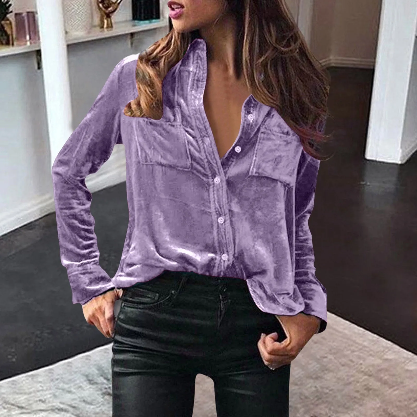 2023 New In Autumn Fashion Solid Velvet Shirt Women Solid Color Button Up Blouse Velvet Long Sleeve Casual Women Shirt Tops