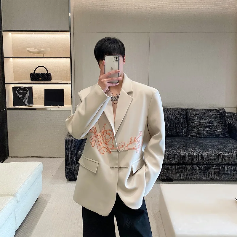 

Весенний новый мужской повседневный костюм-жакет свободного кроя с вышивкой в виде чайной розы, классический воротник, длинный рукав