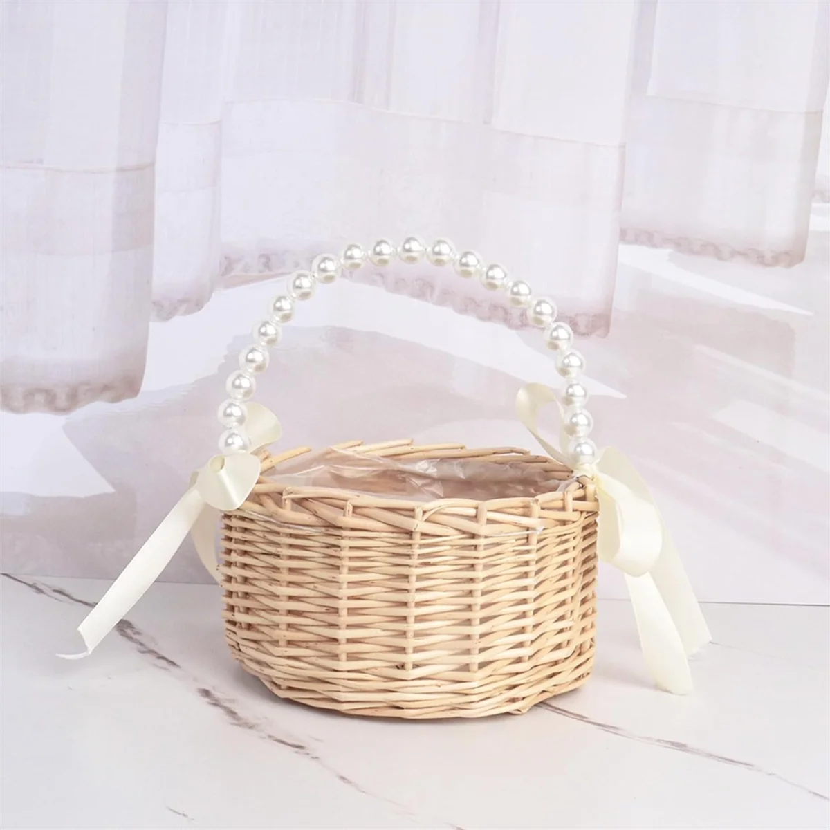 Wicker Flower Girl Basket for Weddings, Rattan Flower Basket Handmade Flower Girl Basket with Handle and Ribbon