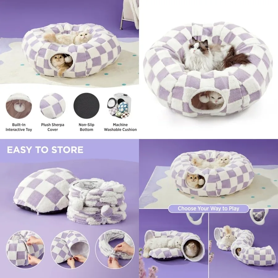 

Lesure Cat Tunnel Bed for Indoor Cats - Cute Cat Donut Tunnel Toys for Small Large Cats with Washable Circle Cushion, Round Pet